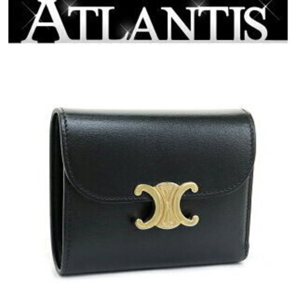 Celine Triomphe Compact Wallet Black Satined Calfskin G - Picture 1 of 7